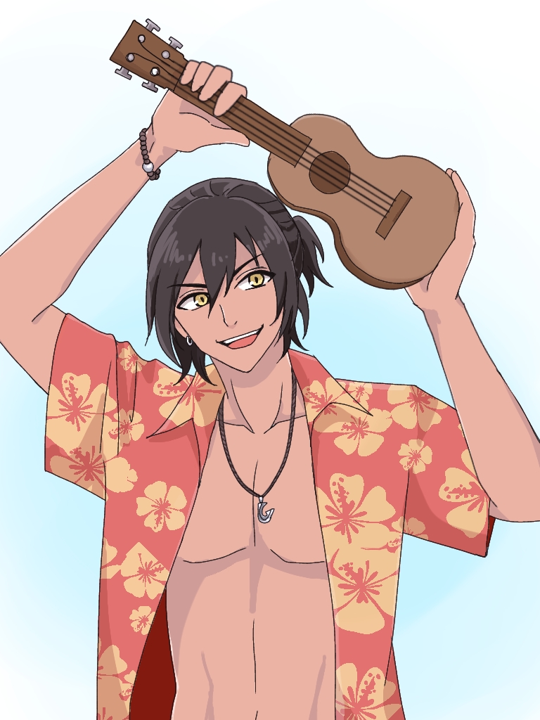 arms_up, black_hair, bracelet, earrings, hawaiian_shirt, holding, holding_instrument, holding_ukulele, hosi_yyy, instrument, jewelry, necklace, shirt, simple_background, smile, tanaka_nalu, ukulele, upper_body, wave!!_surfing_yappe!!, yellow_eyes