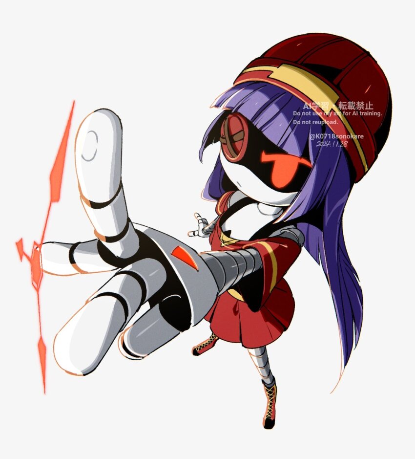 1girl, absolute_solver_(murder_drones), android, arm_at_side, bare_shoulders, blunt_bangs, blunt_ends, boots, closed_mouth, doll_(murder_drones), fewer_digits, from_above, full_body, grey_background, halterneck, hat, highres, legs_apart, long_hair, looking_at_viewer, mechanical_arms, mechanical_legs, murder_drones, purple_hair, red_boots, red_eyes, red_hat, red_shirt, red_skirt, shirt, short_sleeves, simple_background, skirt, solo, sonokare, standing, watermark
