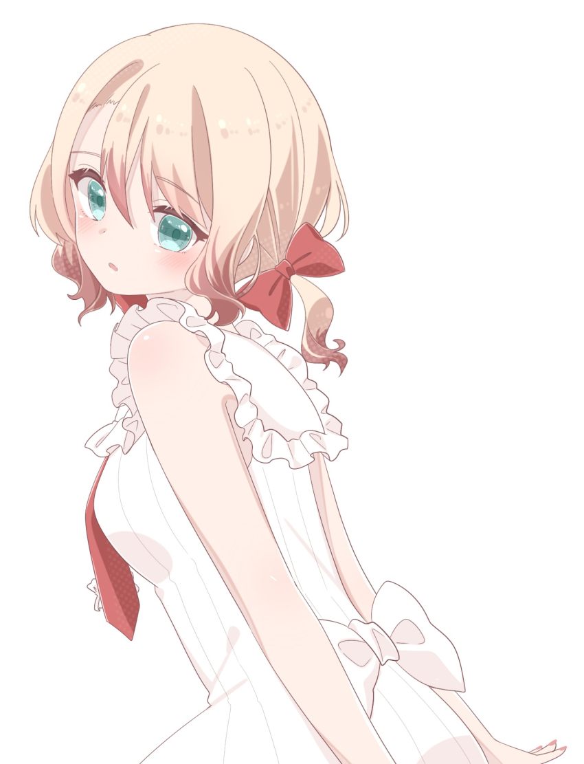 blonde_hair, blush, bow, bowtie, dress, frilled_dress, frills, green_eyes