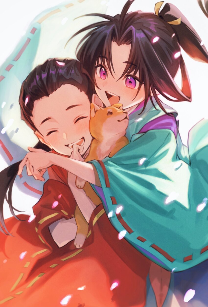 2boys, absurdres, black_hair, brothers, closed_eyes, dog, highres, holding, houjou_kunitoki_(nige_jouzu_no_wakagimi), houjou_tokiyuki_(nige_jouzu_no_wakagimi), japanese_clothes, kariginu, long_hair, long_sleeves, misica, multiple_boys, nige_jouzu_no_wakagimi, open_mouth, parted_bangs, ponytail, purple_eyes, siblings, sidelocks_tied_back, simple_background, smile, teeth, very_long_hair