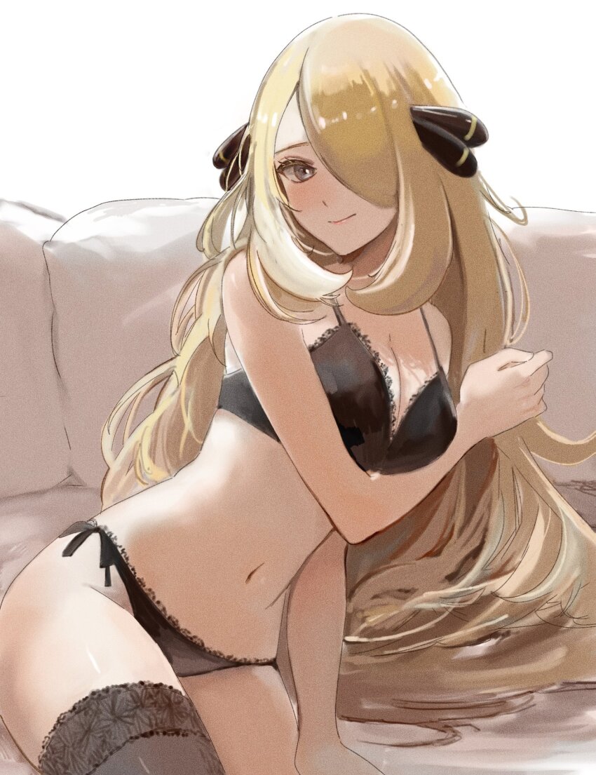 1girl, black_bra, black_panties, blonde_hair, blush, bra, breasts, closed_mouth