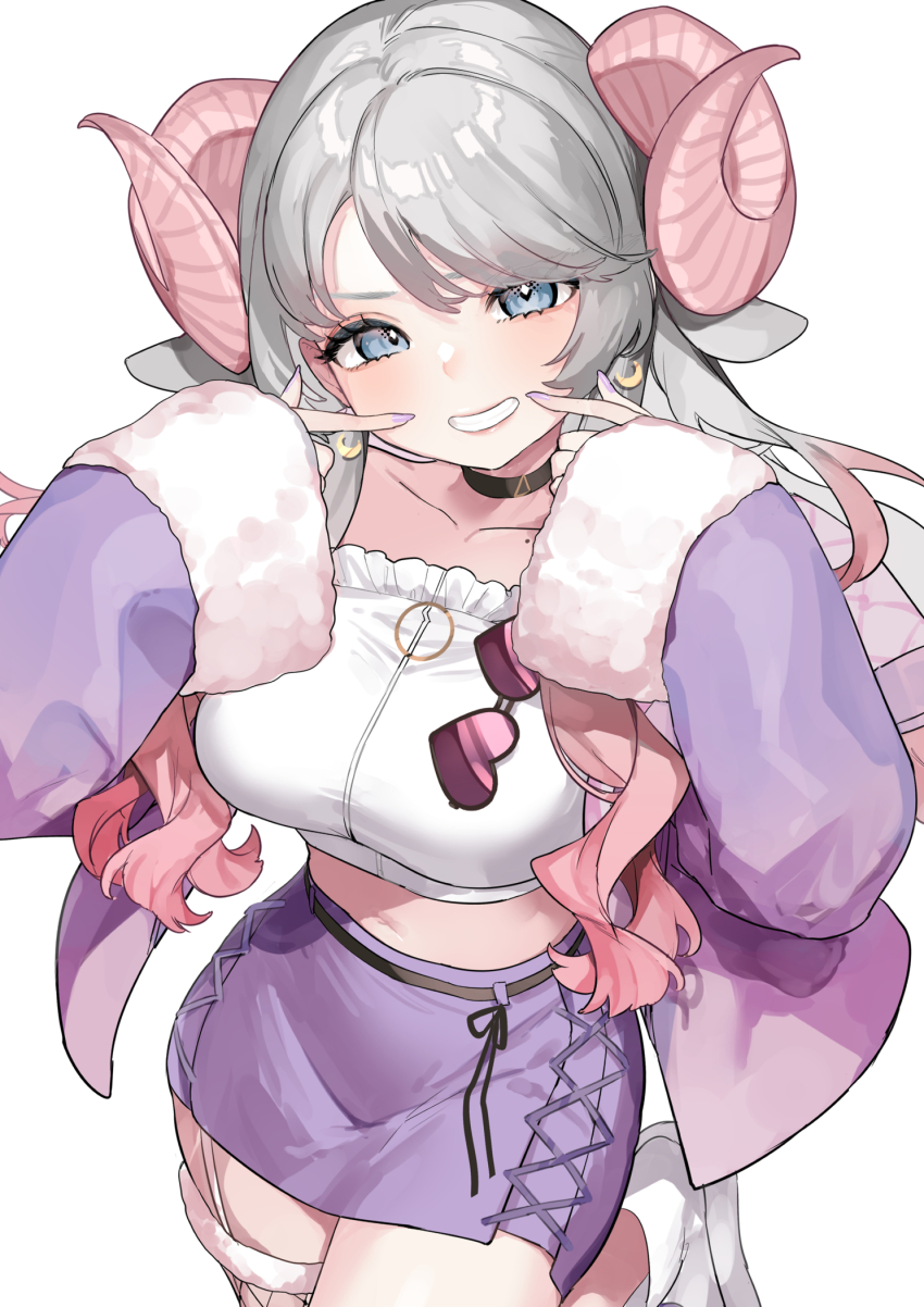 1girl, black_choker, blue_eyes, blush, breasts, choker, collarbone, commentary, commission, crescent, crescent_earrings, crop_top, curled_horns, earrings, fingers_to_cheeks, gradient_hair, grey_hair, hands_up, highres, horns, indie_virtual_youtuber, iruma_neru, jacket, jewelry, large_breasts, leg_up, long_hair, looking_at_viewer, mayuri_kaichou, mole, multicolored_hair, navel, open_clothes, open_jacket, purple_jacket, purple_skirt, red_hair, sheep_horns, simple_background, skeb_commission, skirt, sleeves_past_wrists, solo, teeth, thighs, virtual_youtuber, white_background