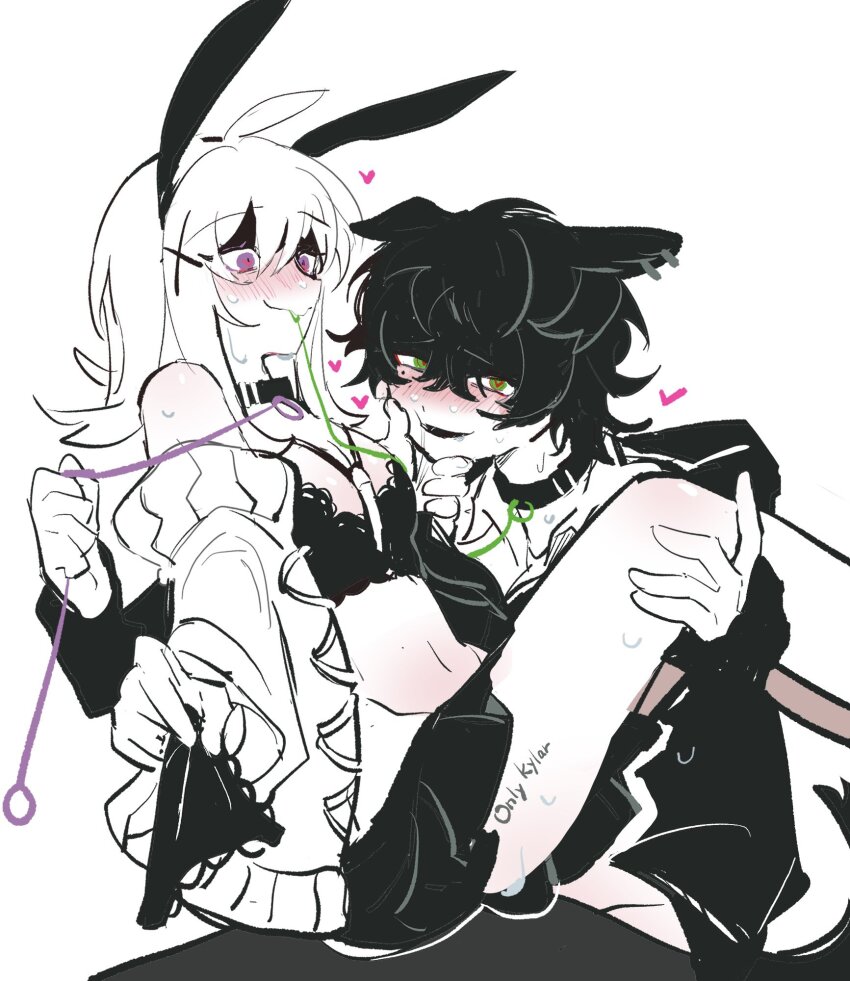 1boy, 1girl, animal_ears, black_bra, black_panties, black_skirt, bra, carrying, collar, degrees_of_lewdity, frilled_panties, frills, green_eyes, heart, heart-shaped_pupils, hetero, highres, kylar_(degrees_of_lewdity), leash, mouth_hold, panties, playboy_bunny, player_character_(degrees_of_lewdity), princess_carry, skirt, south_ac, symbol-shaped_pupils, underwear, unworn_panties