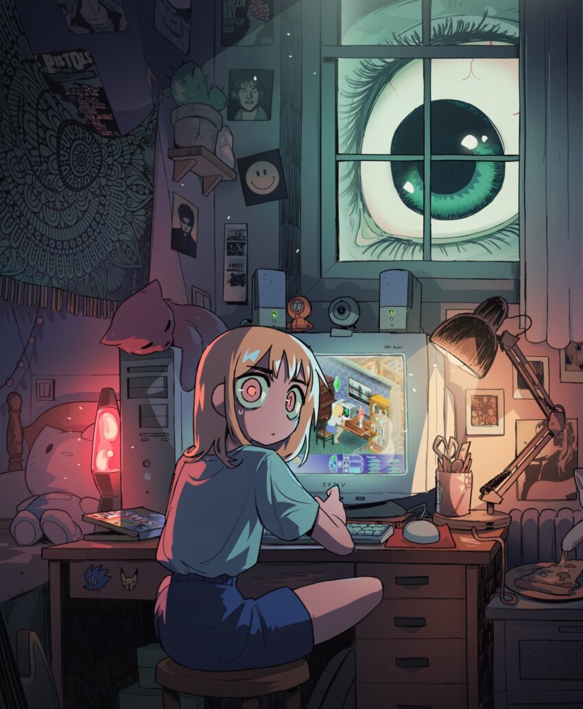 2girls, aqua_eyes, bed, bedroom, blonde_hair, blue_shorts, cactus, carles_dalmau