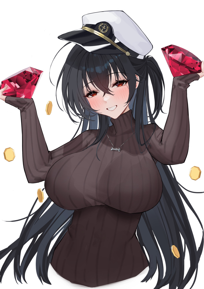 1girl, absurdres, arms_up, awwwwys, azur_lane, black_hair, black_sweater, bone_necklace