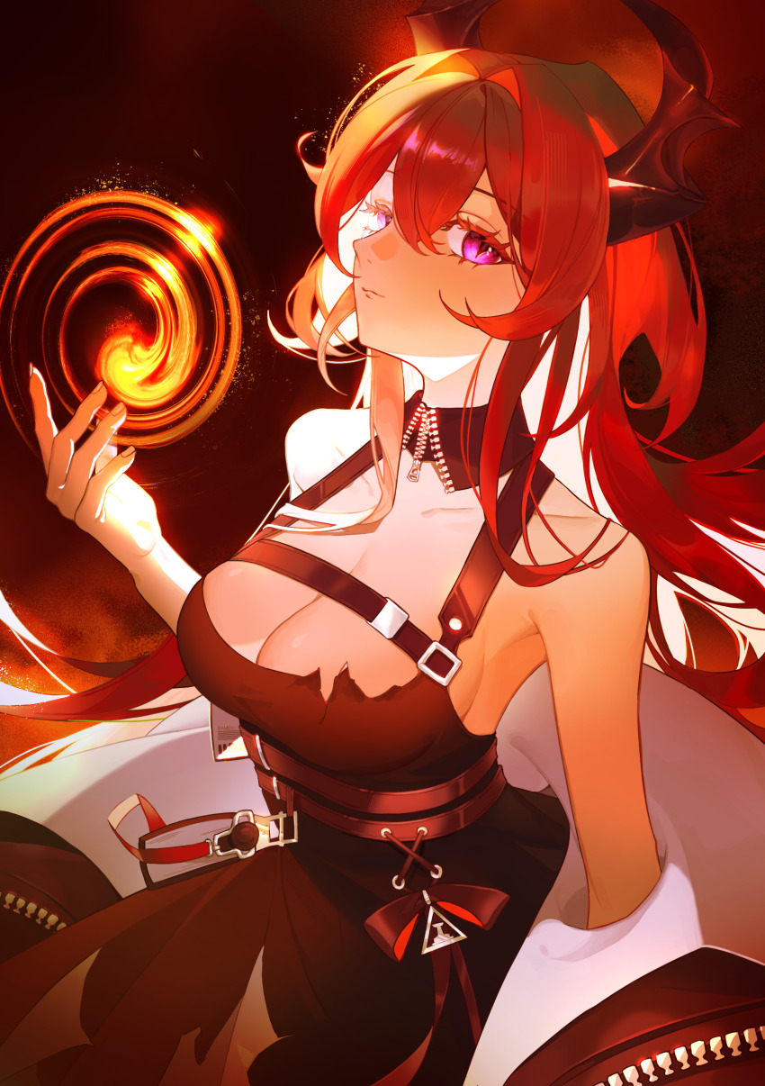 1girl, absurdres, arknights, bamen, bare_shoulders, black_dress, breasts, chest_strap, cleavage, demon_horns, detached_collar, dress, hair_intakes, highres, horns, jacket, jacket_partially_removed, long_hair, looking_at_viewer, purple_eyes, red_hair, rhodes_island_logo_(arknights), sleeveless, sleeveless_dress, solo, surtr_(arknights)
