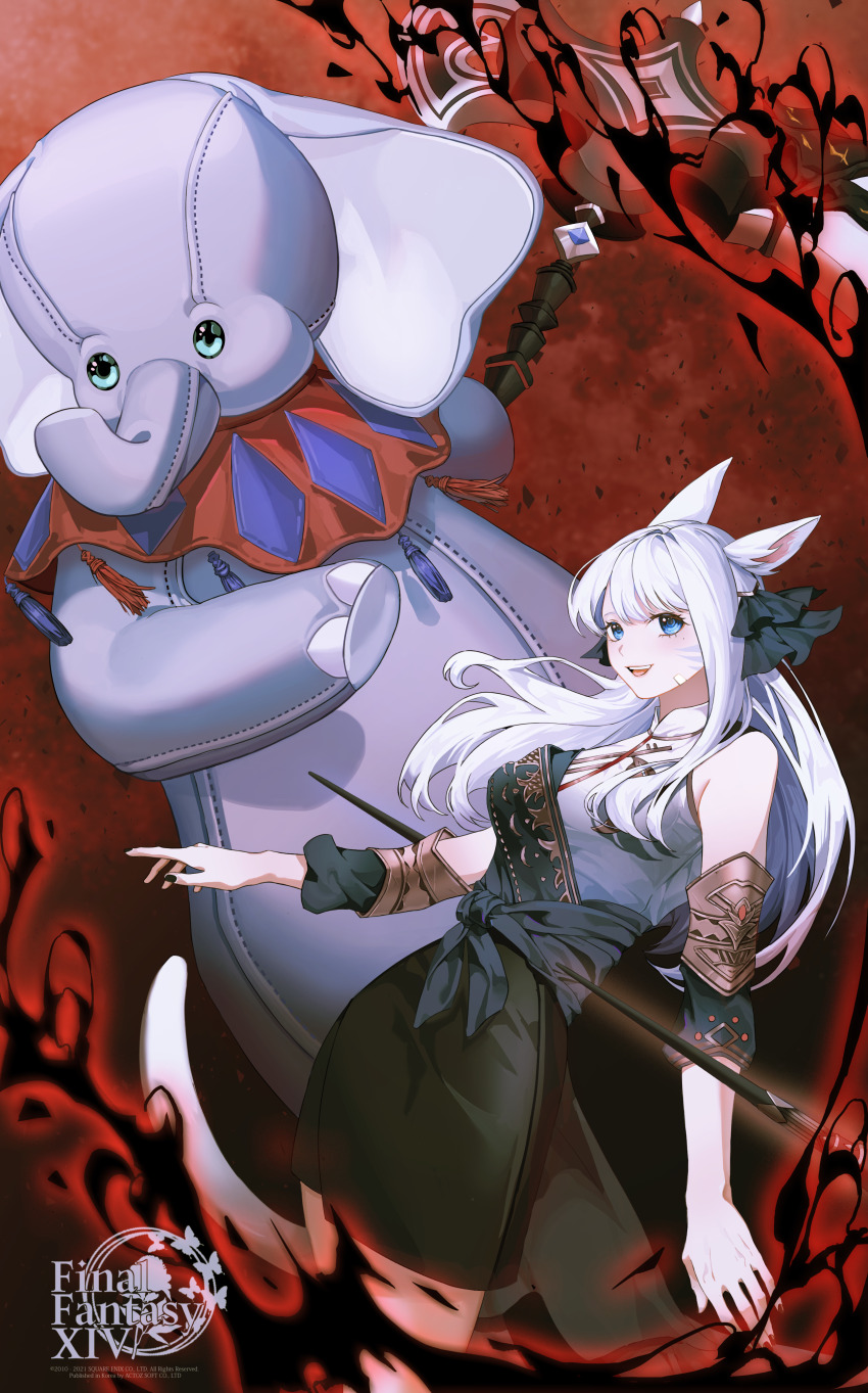 1girl, 1other, absurdres, animal_ears, bamen, black_nails, black_skirt, blue_eyes