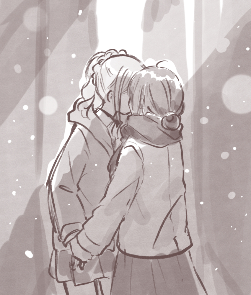 2girls, alley, detec_bell, greyscale, highres, kiss, lapis_lazuline, mahou_shoujo_ikusei_keikaku