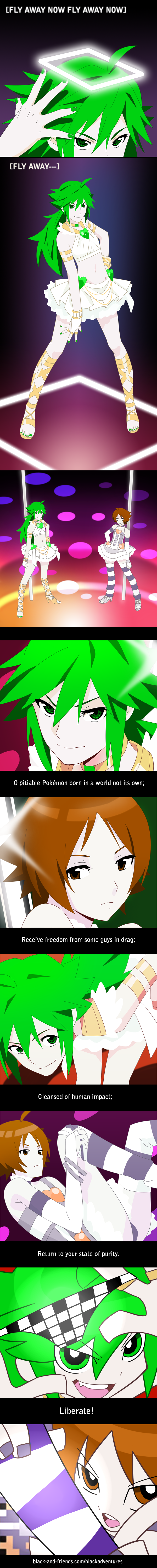 2boys, absurdres, artist_black, black-and-friends, brown_hair, crossdressing, crossdressing_(mtf), dress, green_hair, highres, hilbert_(pokemon), long_image, male_focus, multiple_boys, n_(pokemon), nintendo, panties, panty_&amp;_stocking_with_garterbelt, parody, pokemon, pokemon_black_and_white, tall_image, thighhighs, trap, underwear