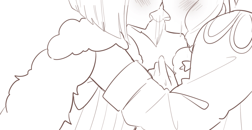 2girls, blush, capelet, detached_sleeves, detec_bell, greyscale, highres, hug, kabedon, kiss, lapis_lazuline, magical_girl, mahou_shoujo_ikusei_keikaku, mahou_shoujo_ikusei_keikaku_restart, monochrome, multiple_girls, sakura_mochi_(kanade-8961-uriuri), saliva, saliva_trail, white_background, yuri