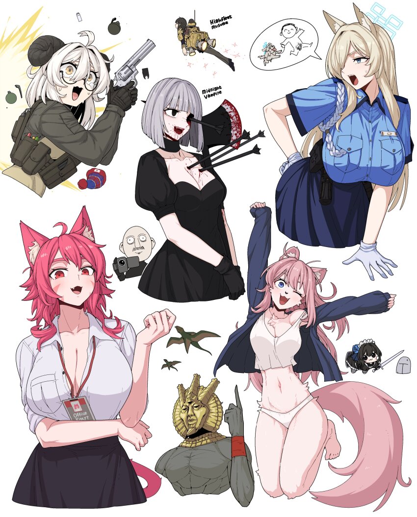 3boys, 6+girls, absurdres, ahri_(league_of_legends), animal_ears, blue_archive, blue_eyes, breasts, cleavage, dagoth_ur, dog_ears, dog_girl, doodle_sensei_(blue_archive), formicid, fox_ears, fox_girl, furry, furry_female, gloves, hair_over_one_eye, highres, kanna_(blue_archive), large_breasts, league_of_legends, looking_at_viewer, mask, multiple_boys, multiple_girls, pink_hair, police, police_uniform, policewoman, red_eyes, sensei_(blue_archive), shirt, simple_background, spirit_blossom_ahri, the_elder_scrolls, the_elder_scrolls_iii:_morrowind, white_background, white_gloves, white_shirt