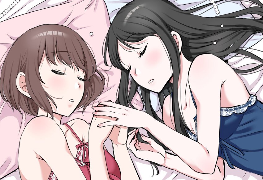 2girls, black_hair, breasts, brown_hair, cleavage, fragtime, highres, holding_hands