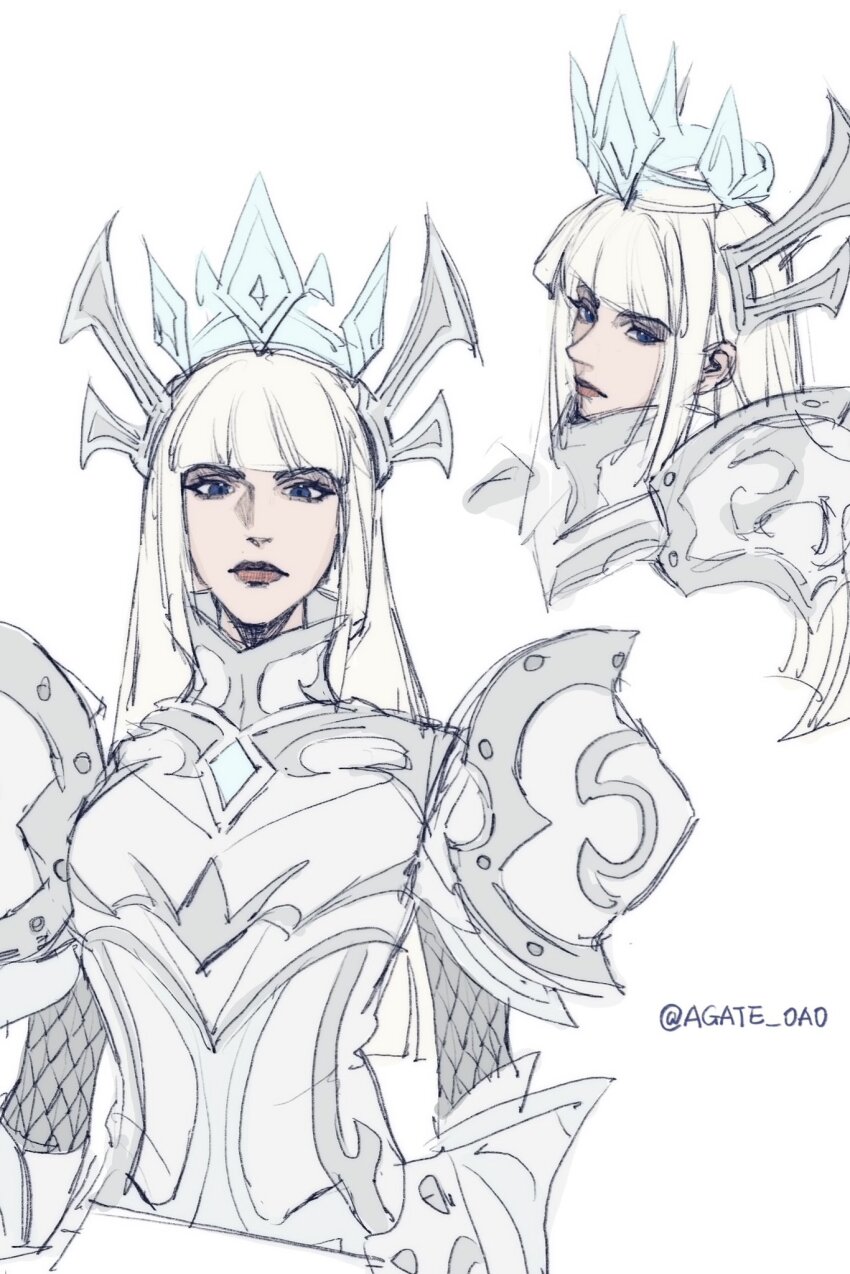 1girl, armor, artist_name, blonde_hair, blue_eyes, closed_mouth, crown, fishnets, fukuro090, gauntlets, greaves, highres, hime_cut, lips, long_hair, looking_at_viewer, magik_(eldritch_armor)_(x-men), magik_(x-men), marvel, marvel_rivals, multiple_views, official_alternate_costume, sidelocks, simple_background, upper_body, white_armor, white_background