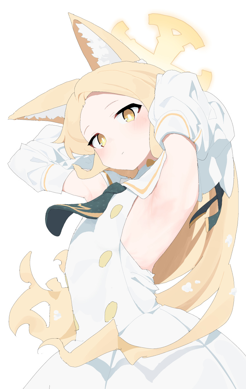 1girl, absurdres, animal_ear_fluff, animal_ears, armpit_focus, armpits, arms_behind_head, arms_up