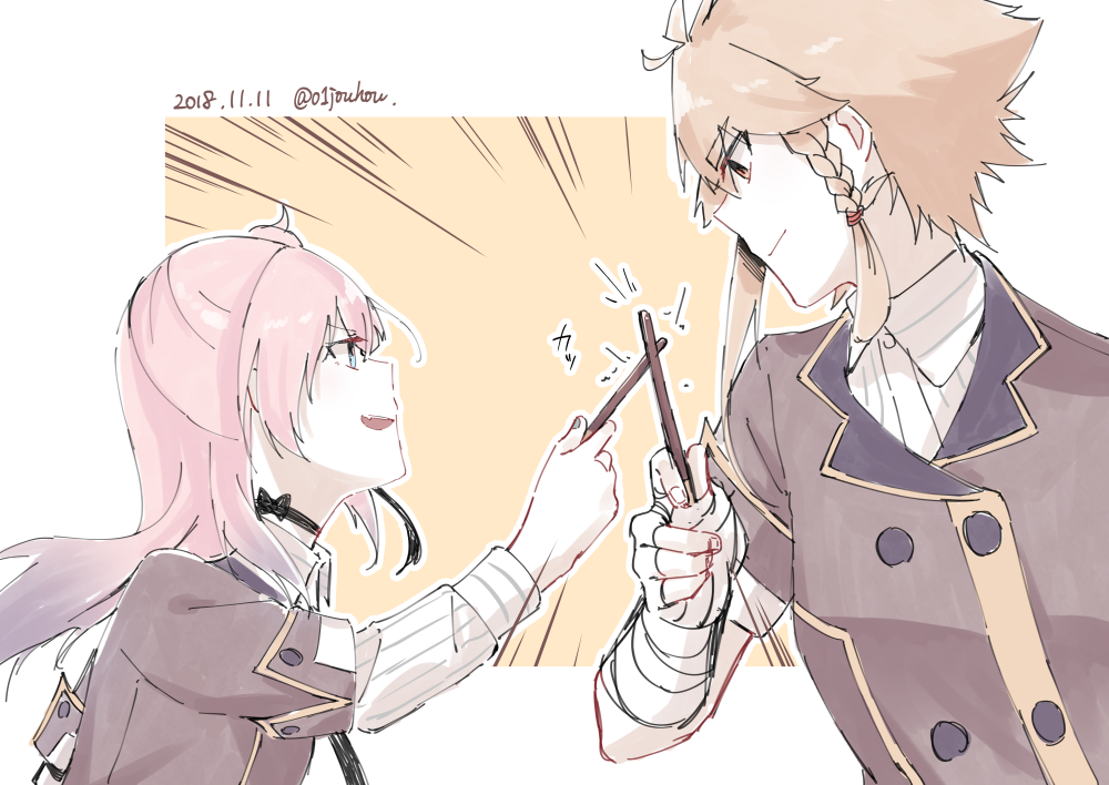 2girls, bandaged_arm, bandages, black_choker, blue_eyes, border, braid, braided_sidelock