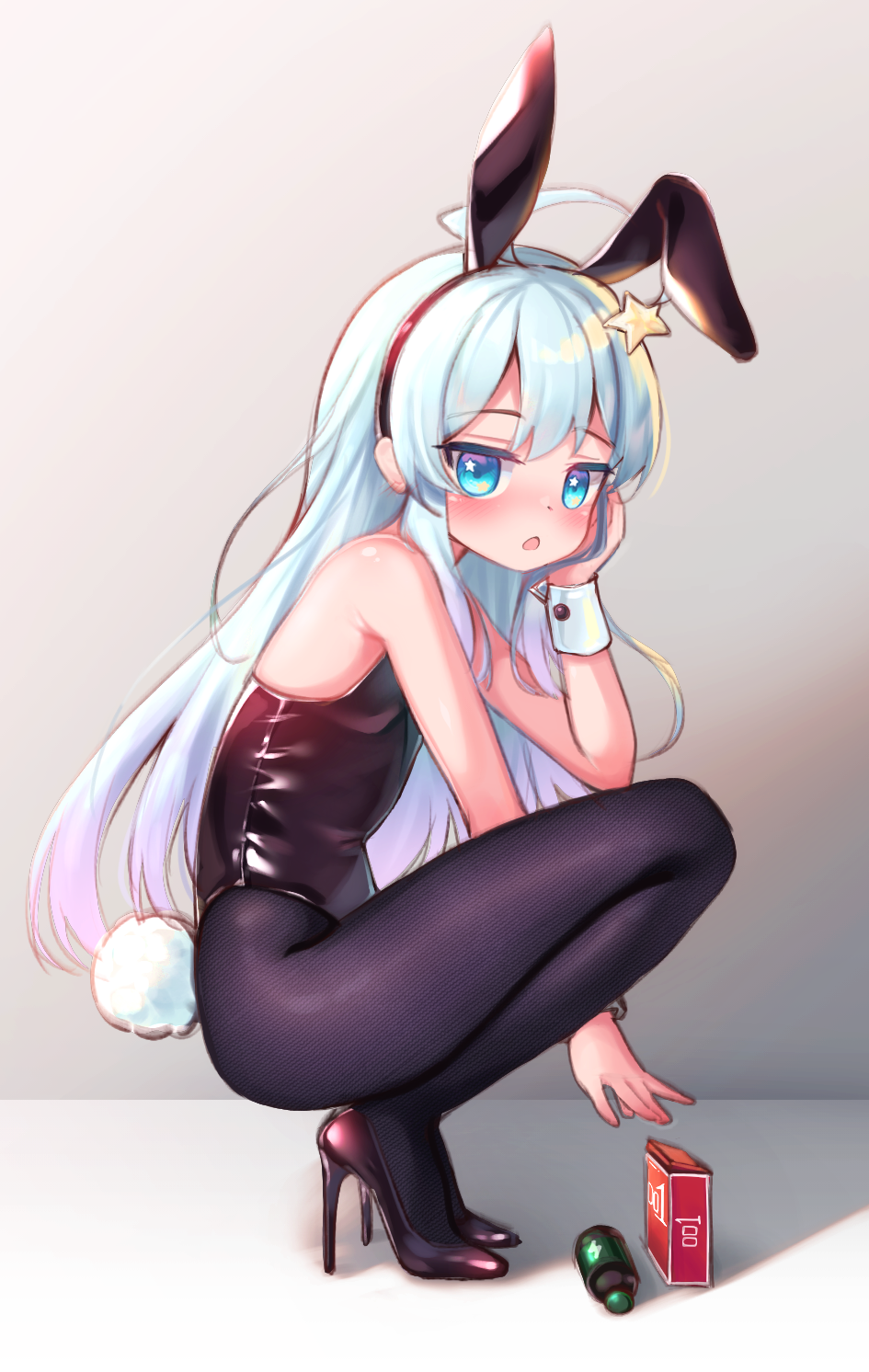 1girl, ahoge, akimiya_yamiku, animal_ear_hairband, animal_ears, black_pantyhose, blue_eyes, bottle, box, character_request, fake_animal_ears, full_body, hair_ornament, hairband, highres, leotard, lily_ange, pantyhose, playboy_bunny, rabbit_ears, rabbit_tail, solo, squatting, star_(symbol), star_hair_ornament, strapless, strapless_leotard, tail, wrist_cuffs