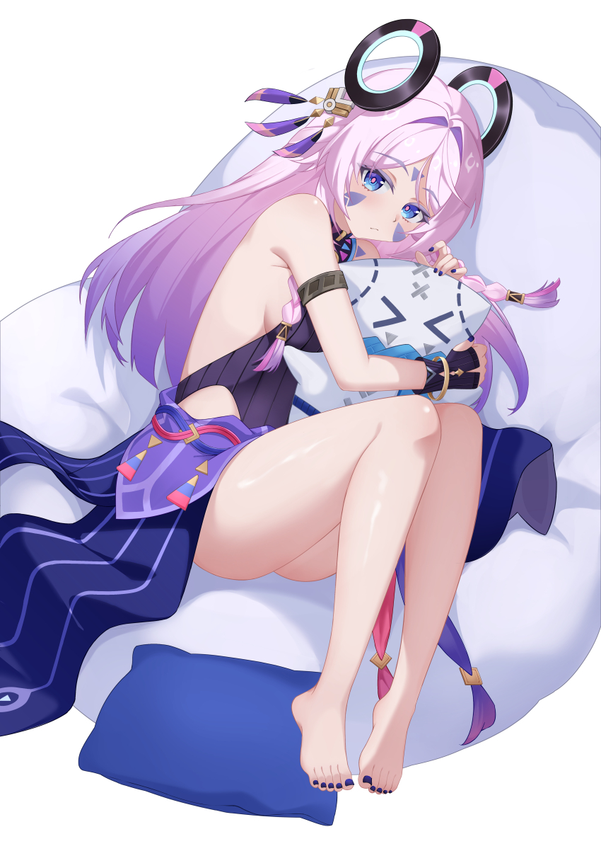 1girl, absurdres, bare_legs, bare_shoulders, barefoot, black_leotard, blue_eyes, blue_nails