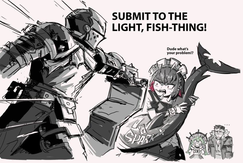 2boys, 2girls, absurdres, affliction_(darkest_dungeon), armor, bandana, bandana_over_mouth, belt, black_hair, blue_tabard, coat, corin_wickes, crusader_(darkest_dungeon), darkest_dungeon, ellen_joe, english_text, fins, fish_tail, fur_trim, gloves, green_hair, headgear, helm, helmet, highres, highwayman_(darkest_dungeon), holding, knight, maid, maid_headdress, marvin_seo, medium_hair, multiple_boys, multiple_girls, overcoat, pauldrons, scale_armor, shark, shark_girl, shark_tail, short_hair, short_sleeves, shoulder_armor, tabard, tail, zenless_zone_zero