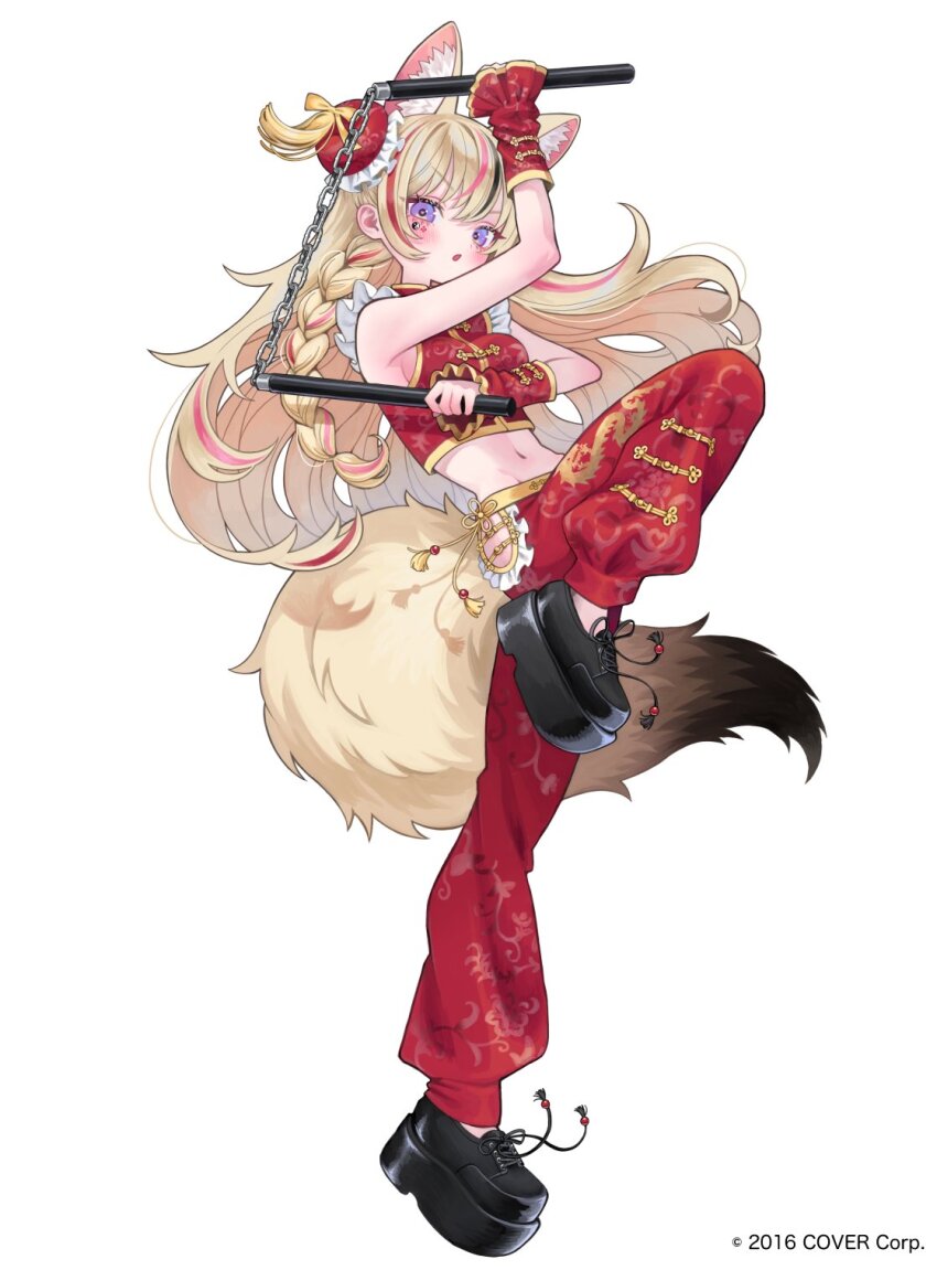 1girl, :o, alternate_costume, animal_ear_fluff, animal_ears, arm_up, bare_shoulders, black_hair, black_shoes, blonde_hair, blush, braid, breasts, bun_cover, chain, chinese_clothes, chinese_knot, clothing_cutout, copyright_notice, crop_top, cropped_jacket, diamond_(shape), diamond_facial_mark, facial_mark, fighting_stance, flower_knot, footwear_tassel, fox_ears, fox_girl, fox_tail, frilled_jacket, frilled_pants, frills, from_side, full_body, hair_bun, highres, hip_vent, holding, holding_weapon, hololive, jacket, knee_up, leg_up, long_hair, looking_at_viewer, mandarin_collar, medium_breasts, midriff, multicolored_hair, navel, nelta_rene, nunchaku, omaru_polka, open_mouth, pants, parted_lips, pink_hair, platform_shoes, red_pants, shirt, shoes, side_braid, sideboob, sidelocks, simple_background, sleeveless, solo, standing, standing_on_one_leg, streaked_hair, symbol-shaped_pupils, tail, tangzhuang, tassel, v-shaped_eyebrows, virtual_youtuber, weapon, white_background, wrist_cuffs, yin_yang