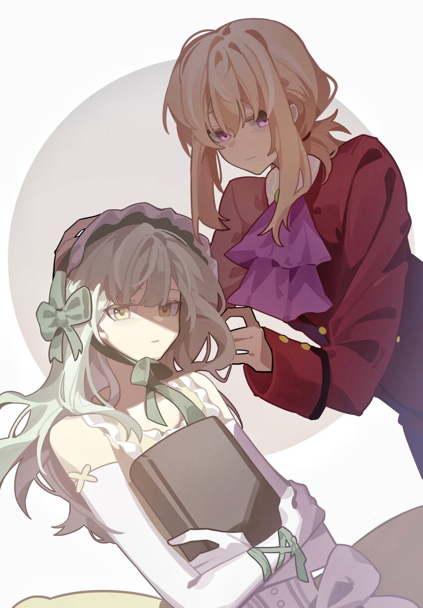 2girls, absurdres, ascot, bang_dream!, bang_dream!_it's_mygo!!!!!, blonde_hair, bonnet, book, clair_vaux_bernardus, clair_vaux_bernardus_(cosplay), closed_mouth, collared_shirt, cosplay, dress, elbow_gloves, expressionless, frilled_bonnet, frills, gloves, green_bonnet, green_hair, hair_between_eyes, haobuguniao, highres, holding, holding_book, jacket, light_smile, long_hair, long_sleeves, looking_at_viewer, low_ponytail, misumi_uika, multiple_girls, pants, ponytail, purple_ascot, purple_eyes, red_jacket, red_pants, shadow, shirt, simple_background, sleeveless, sleeveless_dress, sleeves_past_wrists, umineko_no_naku_koro_ni, ushiromiya_lion, ushiromiya_lion_(cosplay), wakaba_mutsumi, white_background, white_gloves, white_shirt, yellow_dress, yellow_eyes