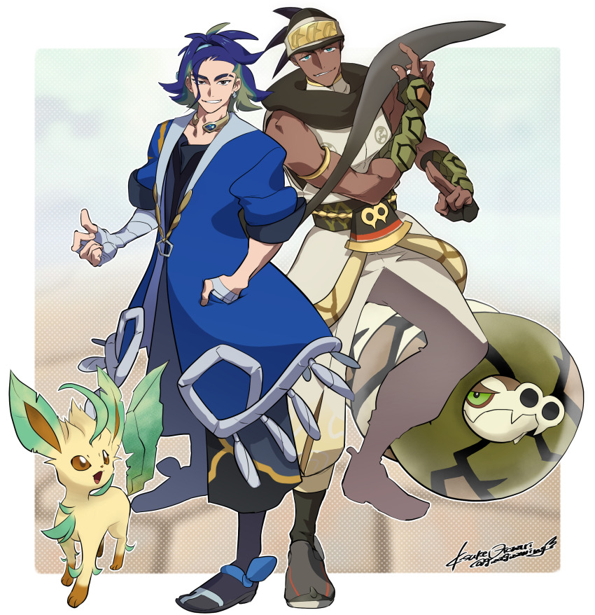 2boys, absurdres, adaman_(pokemon), arm_wrap, black_hair, blue_eyes, blue_hair, dark-skinned_male, dark_skin, eyebrow_cut, full_body, gen_4_pokemon, gen_8_pokemon, highres, leafeon, looking_at_viewer, male_focus, multicolored_hair, multiple_boys, nintendo, official_alternate_costume, otona_kasuke, pokemon, pokemon_(creature), pokemon_legends:_arceus, pokemon_masters_ex, raihan_(new_year's_2025)_(pokemon), raihan_(pokemon), sandaconda, standing, two-tone_hair