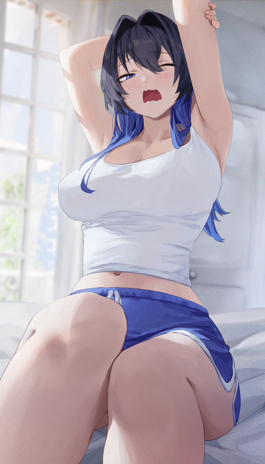 1girl, ;o, absurdres, alternate_costume, arm_up, armpits, arms_up, black_hair, blue_eyes, blue_hair, blue_shorts, blush, breasts, cleavage, collarbone, colored_inner_hair, dolphin_shorts, hair_intakes, highres, hololive, hololive_english, indoors, large_breasts, long_hair, looking_at_viewer, midriff_peek, multicolored_hair, navel, navel_peek, one_eye_closed, open_mouth, ouro_kronii, shorts, sitting, solo, stretching, tank_top, thighs, virtual_youtuber, waking_up, wavy_mouth, white_tank_top, window, yawning, yoellim5