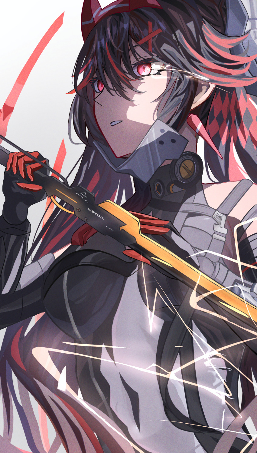 1girl, absurdres, black_hair, earrings, fake_horns, hair_between_eyes, headgear, highres