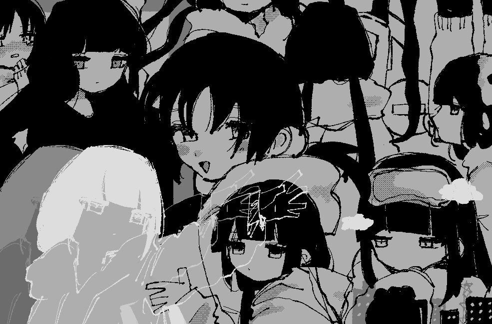 6+girls, alternate_costume, blush_stickers, building, closed_mouth, cloud, collage, expressionless