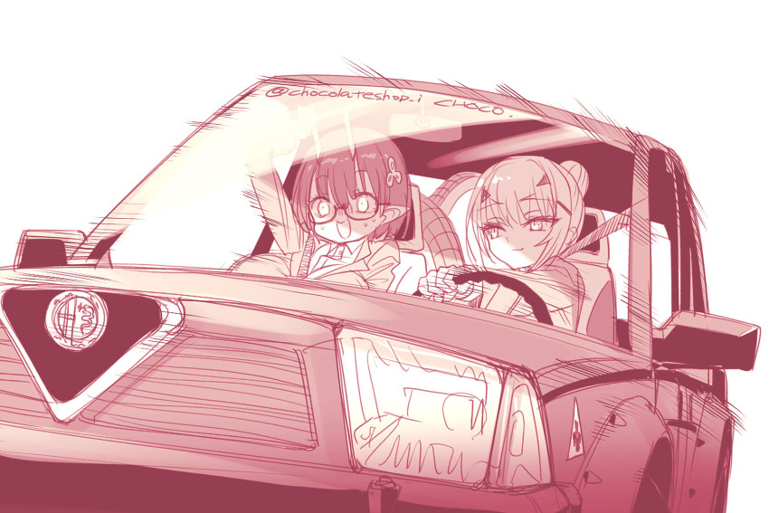 2girls, between_breasts, biscione_(fate), biscione_(first_ascension)_(fate), breasts, business_suit, car, choco_(chocolate_shop)