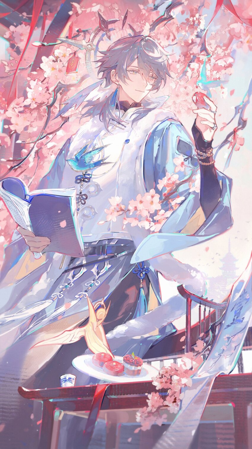 1boy, bead_bracelet, beads, beak, belt, bird, bird_ornament, black_belt