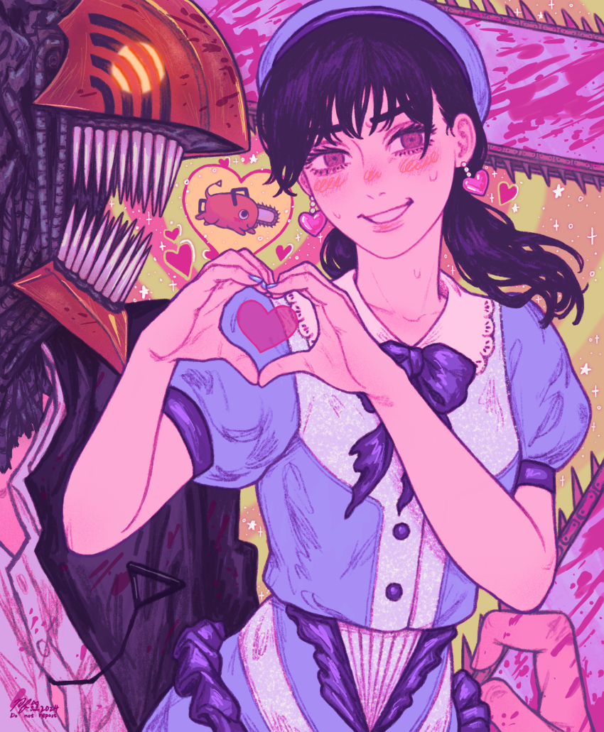 1boy, 1girl, absurdres, alternate_form, black_hair, blue_shirt, blue_skirt, blush