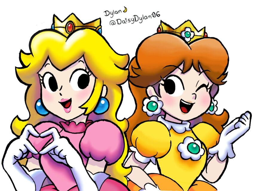 2girls, artist_name, black_eyes, blonde_hair, brooch, brown_hair, crown, daisydylan06, dress, earrings, elbow_gloves, flower_brooch, flower_earrings, gloves, heart, heart_hands, jewelry, long_hair, mario_&amp;_luigi_rpg, mario_(series), multiple_girls, nintendo, official_style, one_eye_closed, open_mouth, orange_dress, pink_dress, princess_daisy, princess_peach, puffy_short_sleeves, puffy_sleeves, short_sleeves, simple_background, smile, white_background, white_gloves