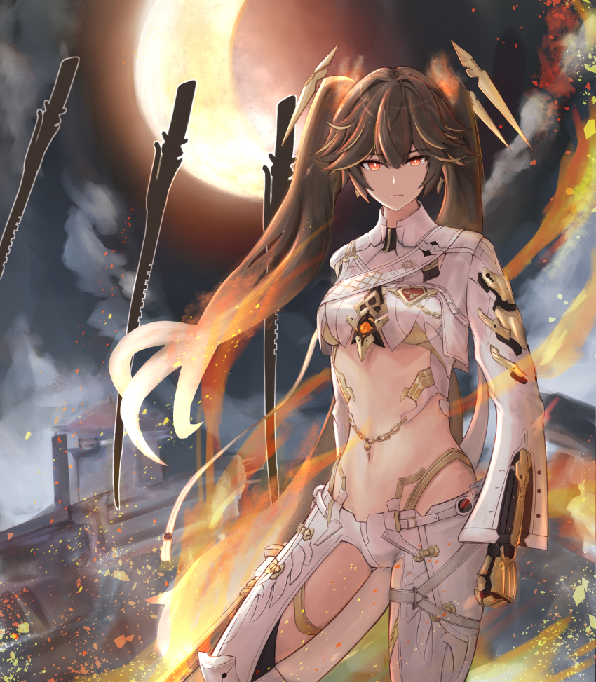 1girl, brown_hair, clothing_cutout, commission, fiery_hair, hair_between_eyes, high_heels, highres