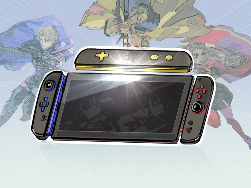 2girls, 3boys, claude_von_riegan, controller, dimitri_alexandre_blaiddyd, edelgard_von_hresvelg, female_byleth_(fire_emblem), fire_emblem, fire_emblem:_three_houses, game_controller, garreg_mach_monastery_uniform, handheld_game_console, highres, joy-con, joy-con_2, male_byleth_(fire_emblem), meme, multiple_boys, multiple_girls, nintendo, nintendo_switch, nintendo_switch_2, object_focus, tagme, takahama13