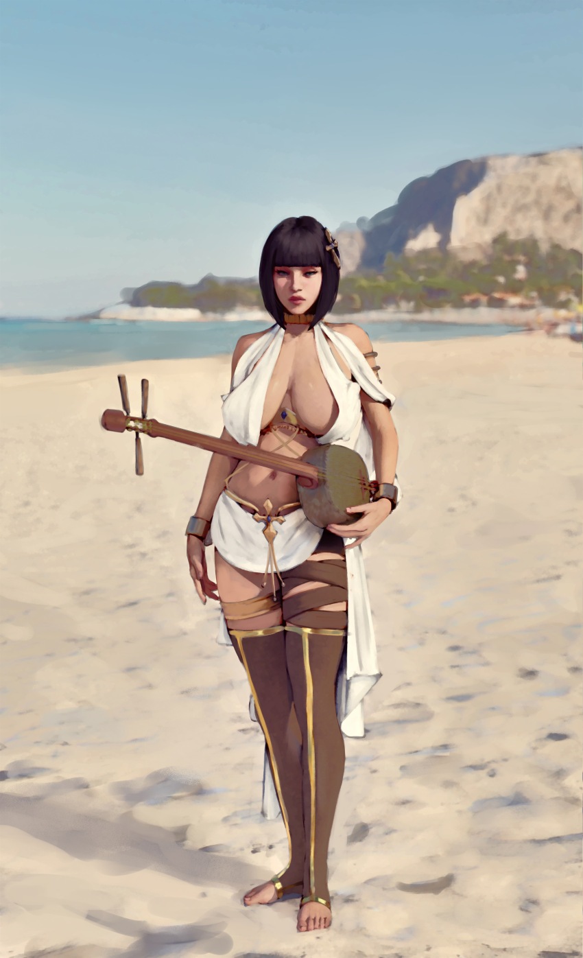 1girl, absurdres, armlet, beach, bob_cut, bracelet, breasts, brown_hair