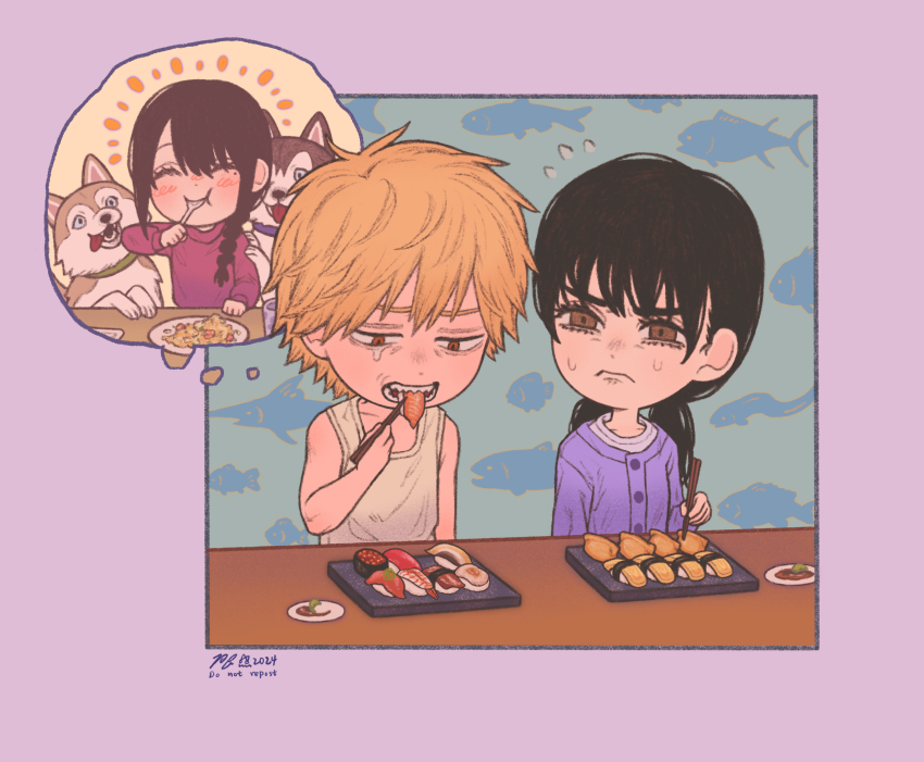 1boy, 2boys, absurdres, black_hair, blonde_hair, brown_eyes, cardigan, chainsaw_man