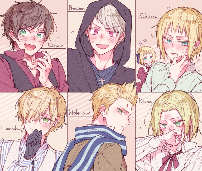 2girls, 5boys, axis_powers_hetalia, black_gloves, black_hoodie, black_necktie, black_vest, blonde_hair