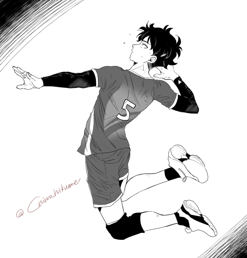 1boy, chino_hikume, clothes_writing, commentary_request, futsuu_no_keion-bu, greyscale, jumping, knee_pads, long_sleeves, male_focus, mizuo_haruichi, monochrome, outstretched_arm, parted_lips, playing_sports, print_shirt, profile, shirt, shoes, short_hair, shorts, simple_background, sneakers, socks, solo, spiked_hair, sportswear, sweat, t-shirt, tsurime, twitter_username, volleyball, volleyball_uniform, white_background