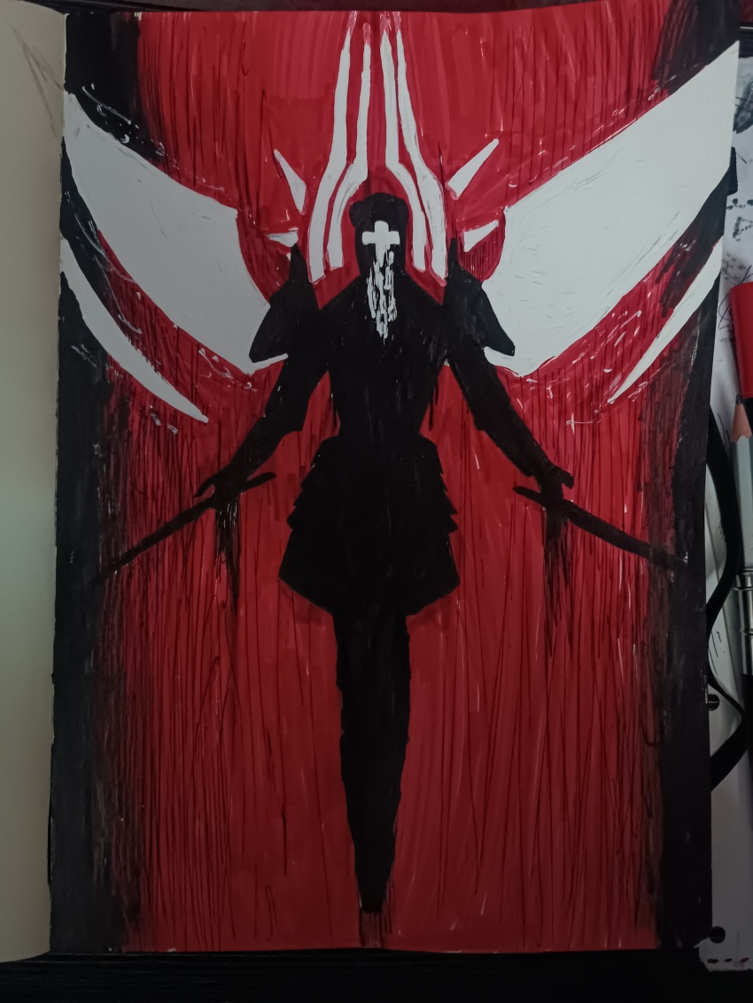 absurdres, angel_wings, gabriel_(ultrakill), highres, ninila29art, non-web_source, red_background, simple_background