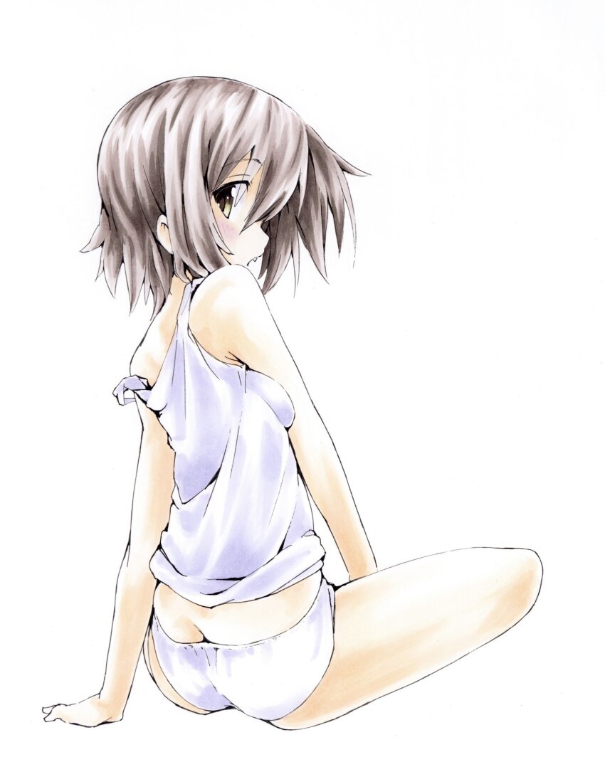 1girl, arm_support, ass, brown_eyes, brown_hair, butt_crack, camisole, from_behind