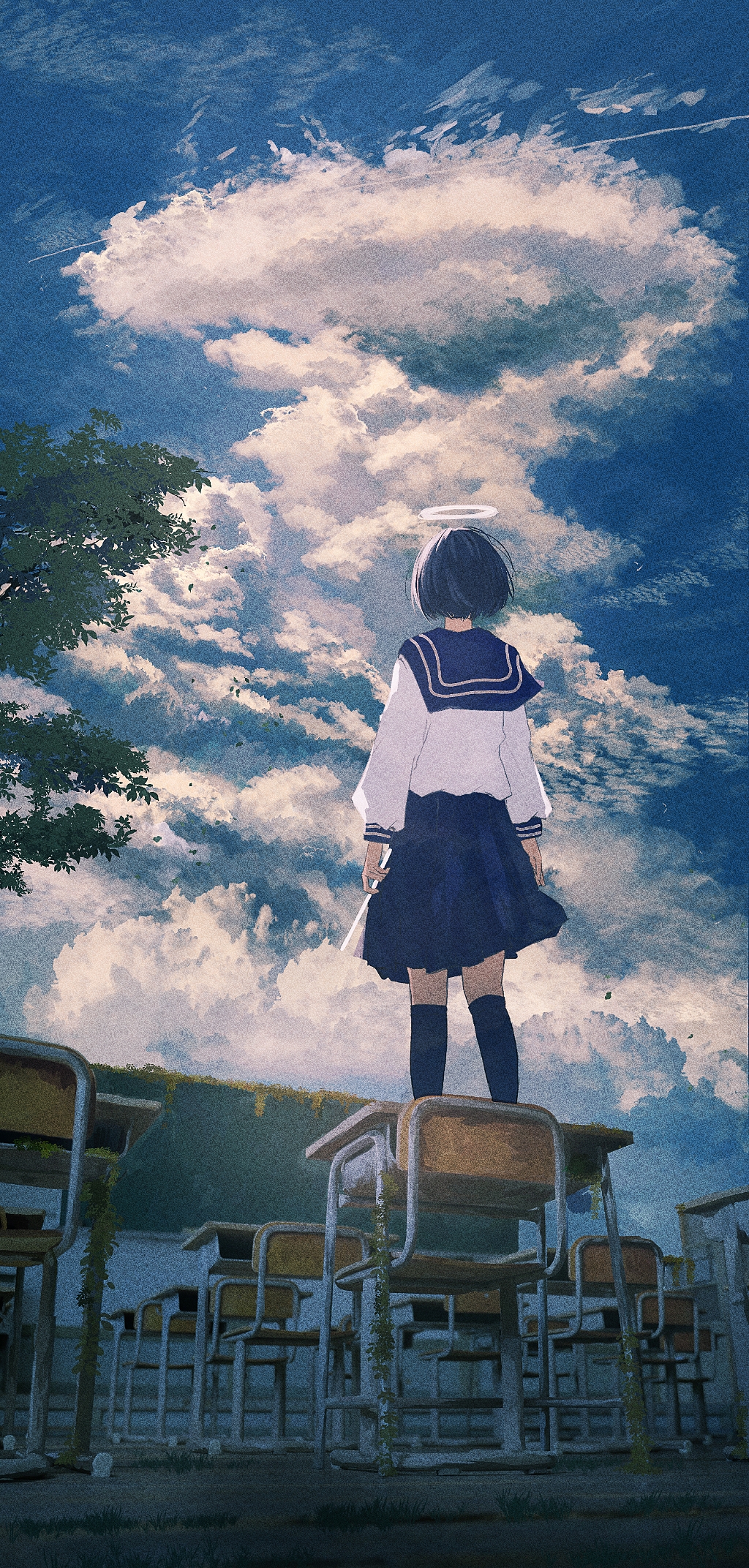 1girl, banakotakemaru, black_hair, black_socks, blue_sailor_collar, blue_skirt, blue_sky, chair