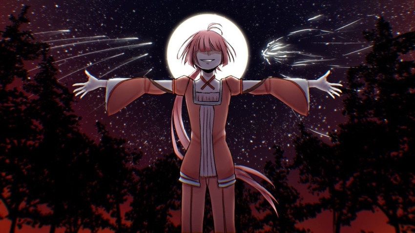 bandwagonnnnn, blunt_bangs, choker, clothing_cutout, dokoka_de_kiita_uta_(vocaloid), evil_grin, evil_smile, evillious_nendaiki, flat_chest, full_moon, gradient_sky, grin, irina_clockworker, long_hair, moon, nekomura_iroha, night, outstretched_arms, pants, petite, pink_hair, ponytail, puffy_sleeves, red_choker, red_pants, red_shirt, red_sky, shirt, shooting_star, shoulder_cutout, sky, smile, star_(sky), starry_sky, tree, very_long_hair, vocaloid, wide_sleeves