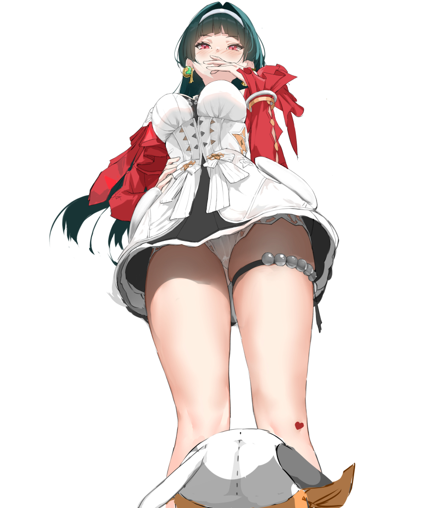 1girl, absurdres, astra_yao, bangboo_(zenless_zone_zero), bare_legs, black_hair, breasts, earrings