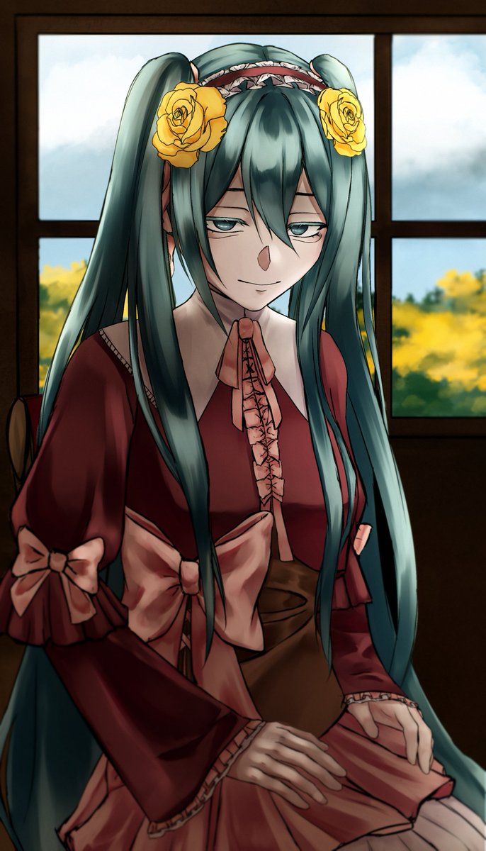 1girl, aqua_hair, bags_under_eyes, bandwagonnnnn, blue_sky, bow, capelet, clockworker's_doll