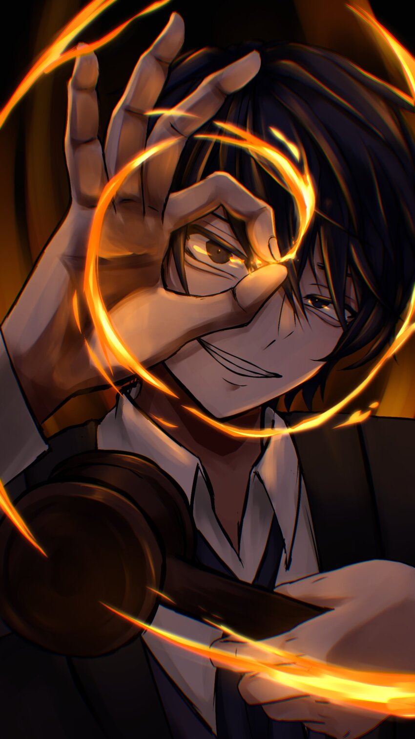 absurdres, bandwagonnnnn, black_robe, blue_necktie, collared_shirt, evil_grin, evil_smile, evillious_nendaiki, fire, gallerian_marlon, gavel, grin, half-closed_eye, hammer, head_tilt, highres, holding, holding_hammer, kaito_(vocaloid), looking_at_viewer, money_gesture, necktie, open_collar, pyrokinesis, robe, shirt, smile, vocaloid