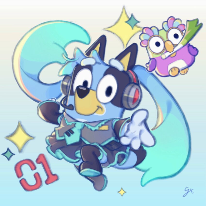 1girl, 1other, bird, blue_fur, bluey, bluey_heeler, chattermax_(bluey), cosplay, detached_sleeves, dog, dog_girl, hatsune_miku, hatsune_miku_(cosplay), highres, long_hair, looking_at_viewer, mrgx1019, necktie, parody, shirt, skirt, sleeveless, sleeveless_shirt, smile, toon_(style), twintails, vocaloid