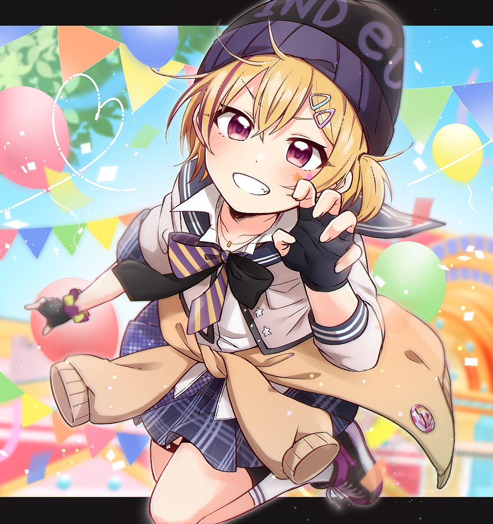 1girl, ankle_socks, beanie, bike_shorts, bike_shorts_under_skirt, black_gloves, black_hat, blonde_hair