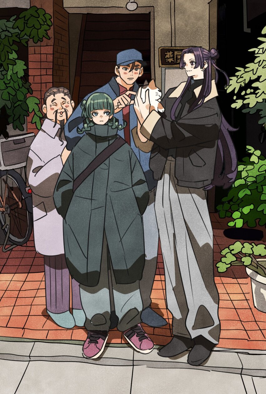 1girl, 3boys, animal, black_jacket, blunt_bangs, blush, braid, braided_twintails