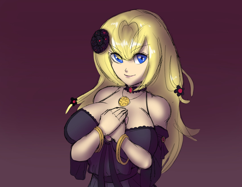 1girl, absurdres, altea_aquila_(jain_no_ikenie), bare_shoulders, black_dress, blonde_hair, blue_eyes, breasts, detached_sleeves, dress, flower, gradient_background, hair_flower, hair_ornament, highres, iggyburnz, jain_no_ikenie, jewelry, large_breasts, long_hair, necklace, sketch, smile, solo, upper_body