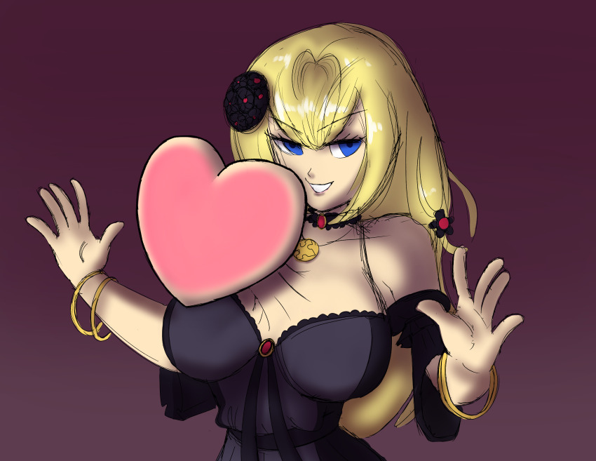 1girl, absurdres, altea_aquila_(jain_no_ikenie), bare_shoulders, black_dress, blonde_hair, blue_eyes, breasts, detached_sleeves, dress, empty_eyes, flower, gradient_background, grin, hair_flower, hair_ornament, heart_(organ), heartbeat, highres, iggyburnz, jain_no_ikenie, jewelry, large_breasts, long_hair, necklace, sketch, smile, solo, upper_body